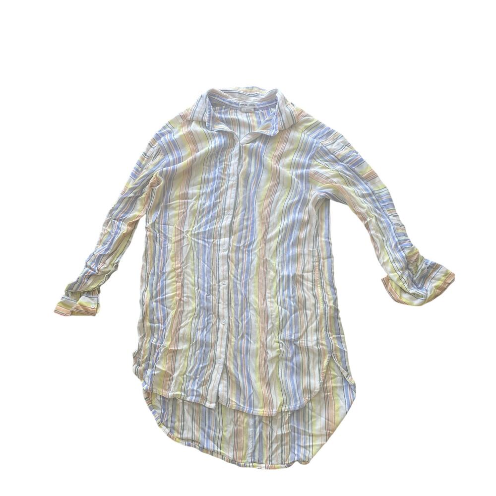 Women’s PRANA 100% Tencel MIDI Shirt Dress Long Roll Tab sleeve Striped L